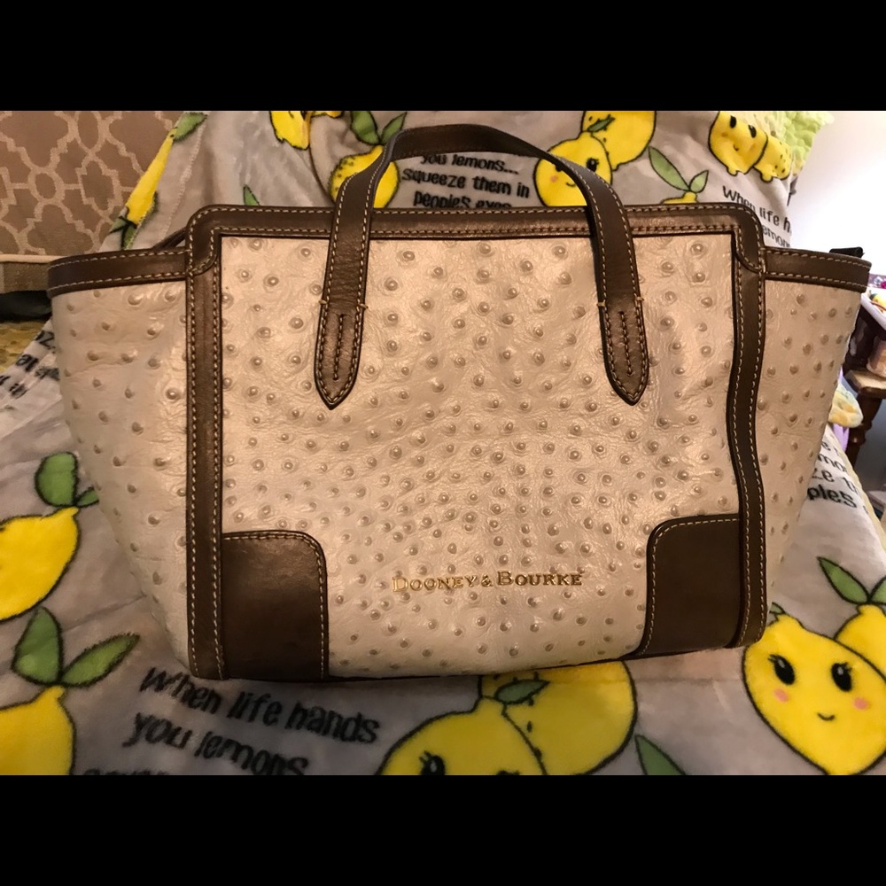 Dooney & Bourke Cream and Brown Ostrich-Embossed Satchel